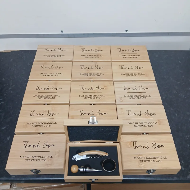 Engraved bamboo wine tool sets branded Thank You