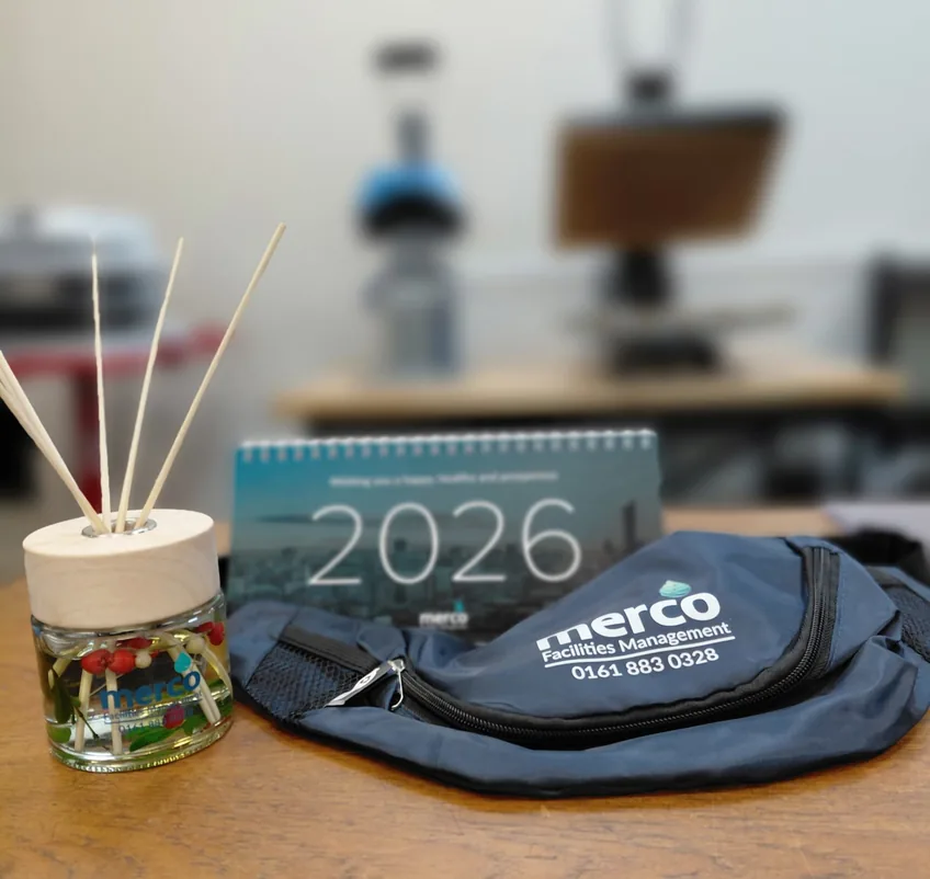 Branded reed diffuser, desk calendar and bum bag